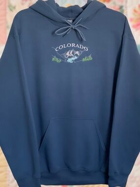 Colorado Mountains Embroidered Medium Indigo Blue Hoodie